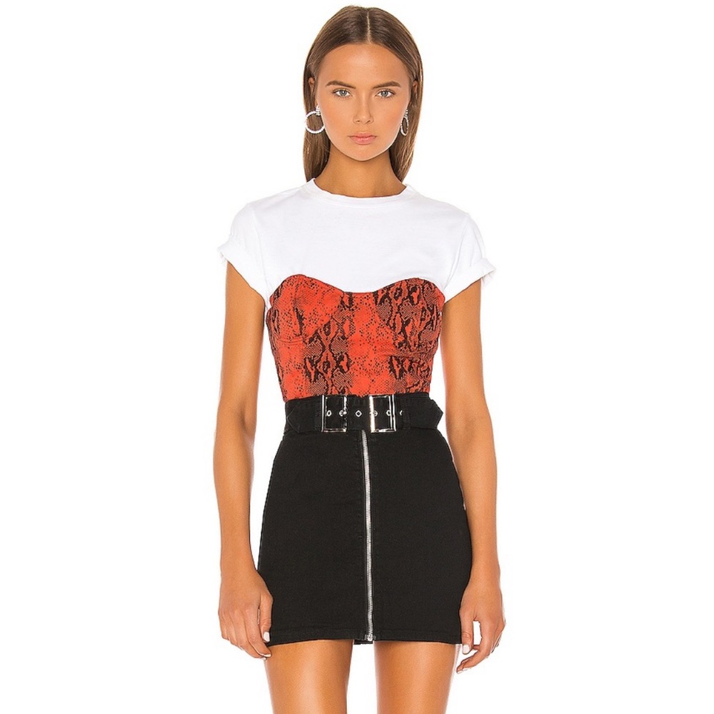 SUPERDOWN ORANGE/RED DENIM BUSTIER TOP